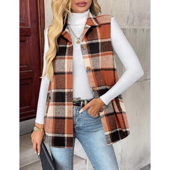 Womens Plaid Flannel Vest Sleeveless Casual Jacket with Pockets Large - Picture 4 of 5